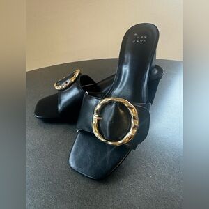 A New Day Women’s Black Diana Slip On Sandals Gold Buckle Block Heels 8